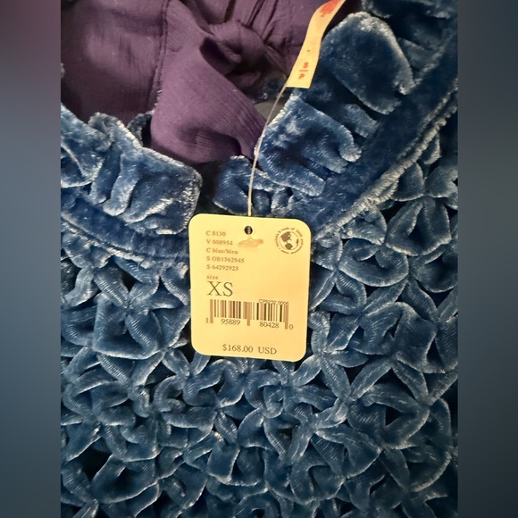 Free People Gum Drop Velvet Min Dress Blue Smocked XS? Read* whimsy goth boho - Picture 3 of 8
